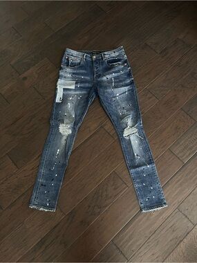 Purple Brand Paint Splatter Slim Fit Men’s Jeans - Blue